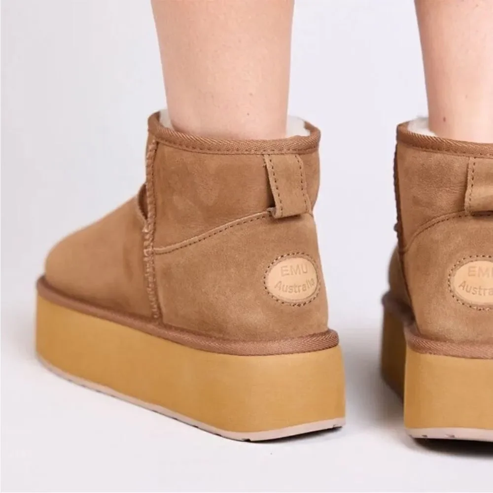 Emu Australia Stinger Micro Flatform Sheepskin Booties Slipper Boots Brown 9